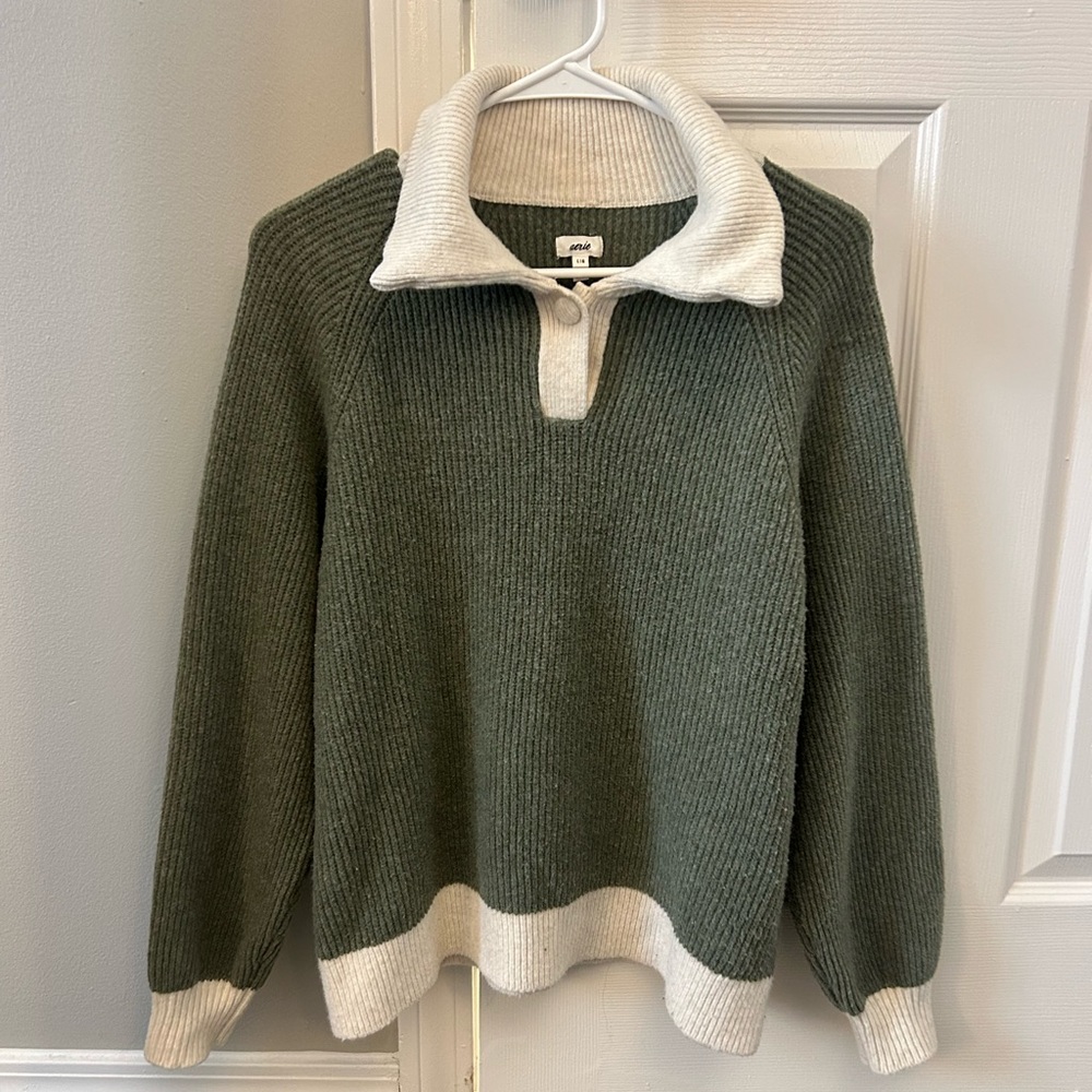 Olive Green and Cream Collar Knit Sweater